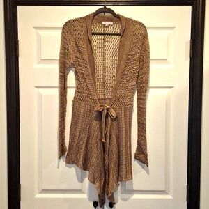Romeo & Juliet Couture Taupe Crocheted Long Open Tie Cardigan